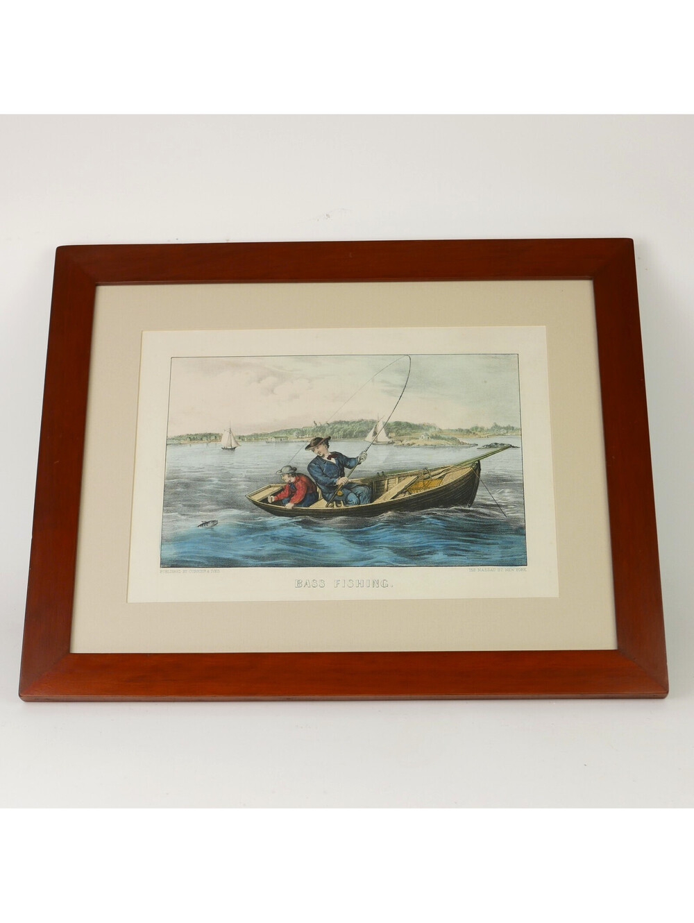 Currier & Ives Hand Colored Lithograph Print Bass Fishing Boat Antique Framed